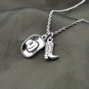 Brand New Cute Silver Toned Cowboy Hat & Boots Pendant Necklace